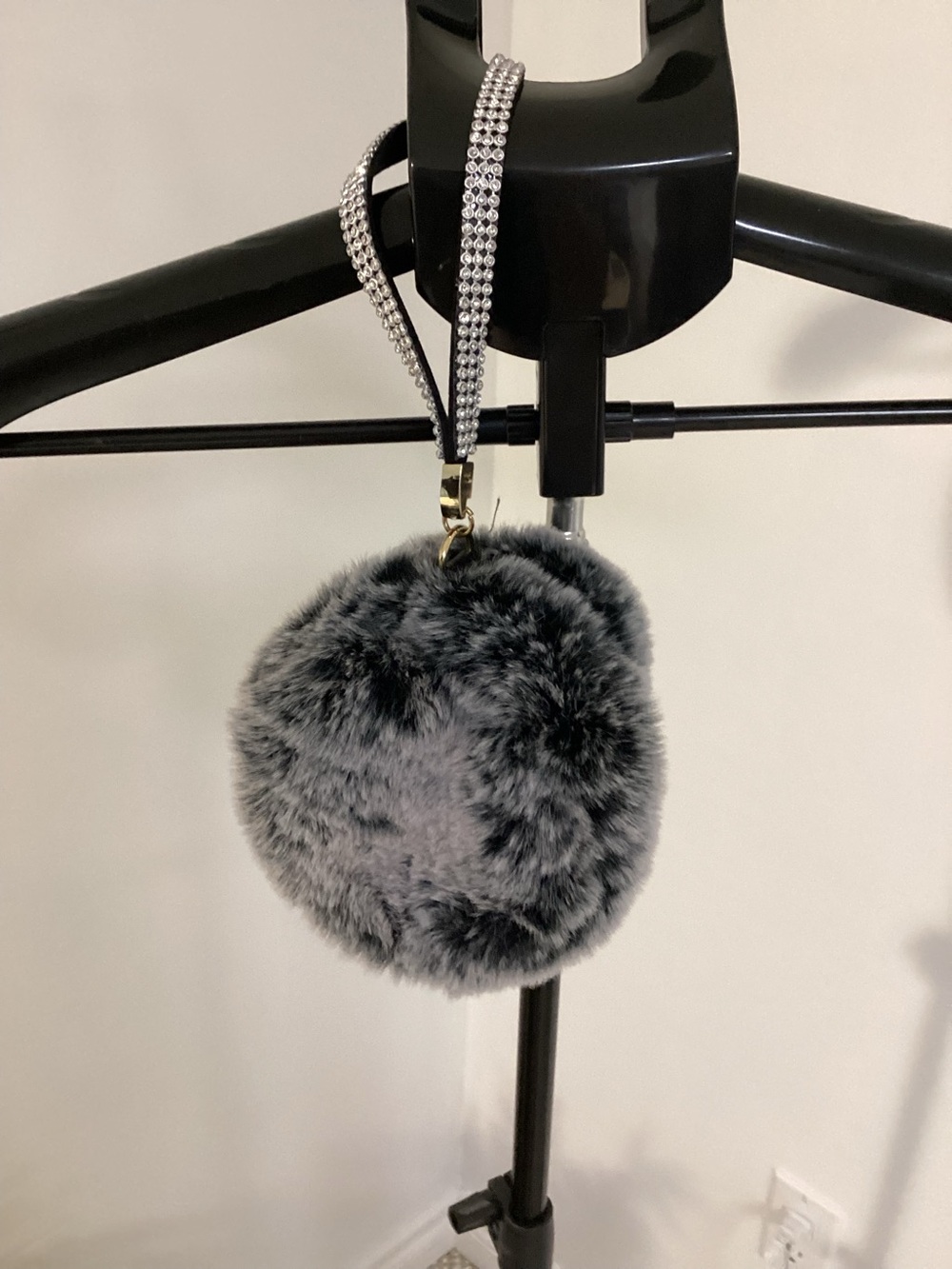Gray Faux Fur Pom Pom Keychain Wristlet Purse with Rhinestone Strap